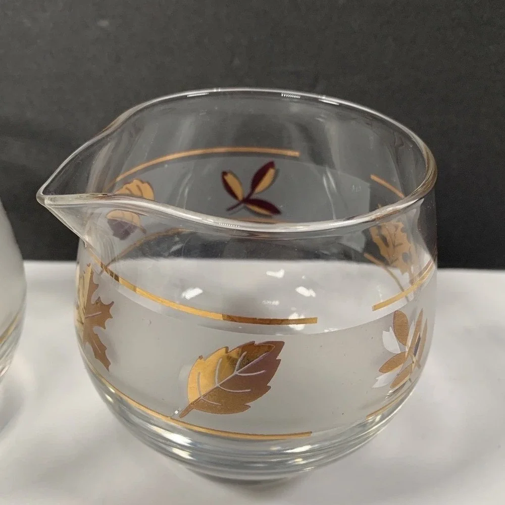 Libbey Glass Creamer Sugar Bowl Set Frosted Leaf Design Gold Trim Retro Vintage